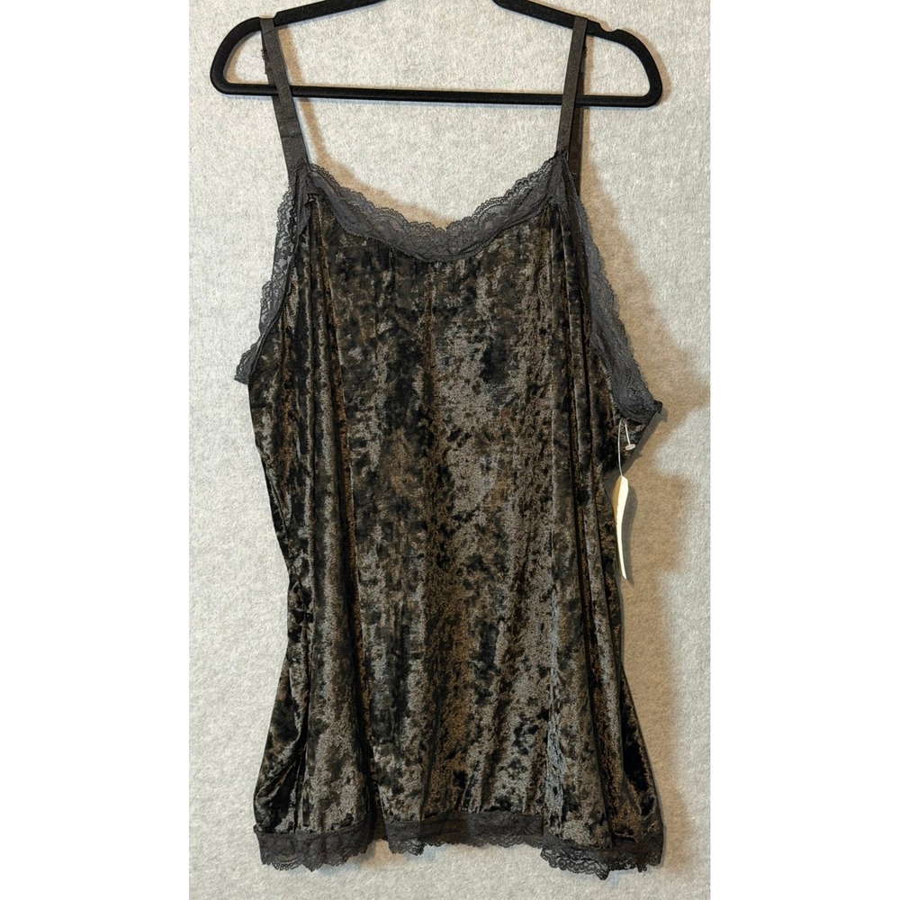 Y2K Night Out Cami XL Black Whimsigoth Crushed Velvet Lace Trim Adjustable Strap